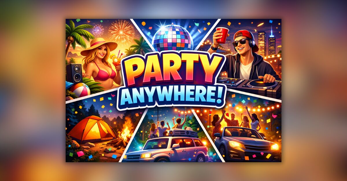 Party Anywhere ये Portable guide thumbnail showing sound, battery and features information