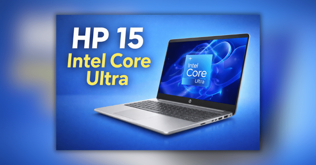नीले बैकग्राउंड पर HP 15 Intel Core Ultra 5 125H लैपटॉप का थंबनेल इमेज