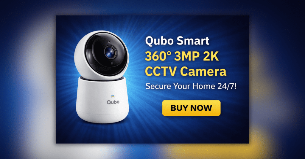 Qubo Smart 360° 3MP 2K CCTV Camera सफेद बॉडी और 360 डिग्री रोटेशन फीचर के साथ