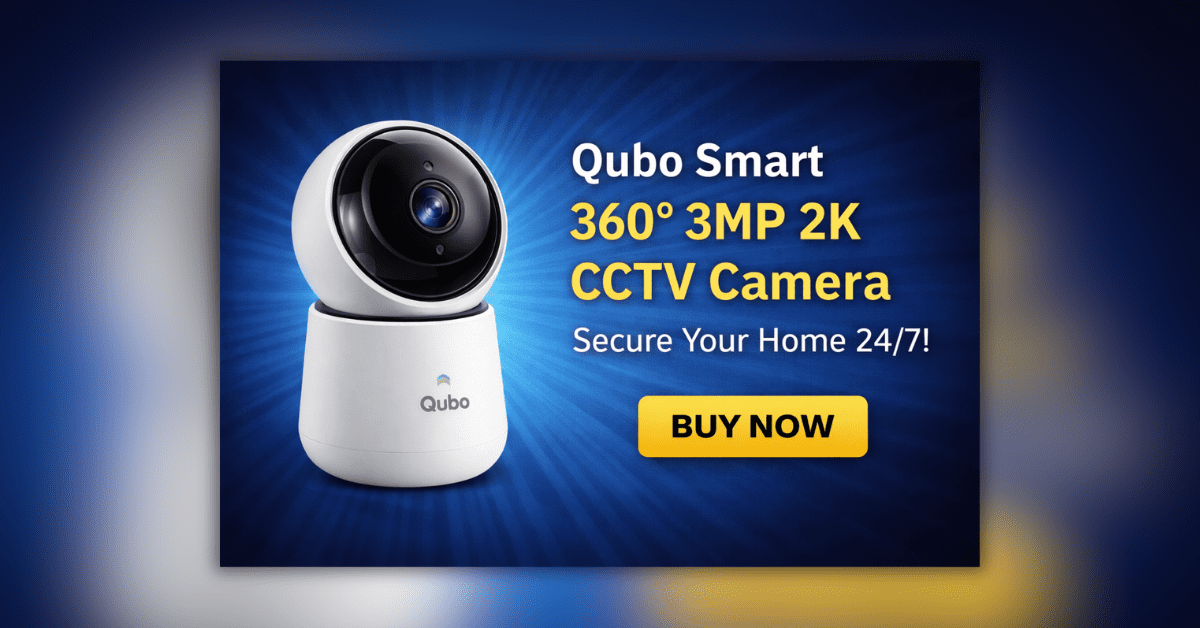 Qubo Smart 360° 3MP 2K CCTV Camera सफेद बॉडी और 360 डिग्री रोटेशन फीचर के साथ
