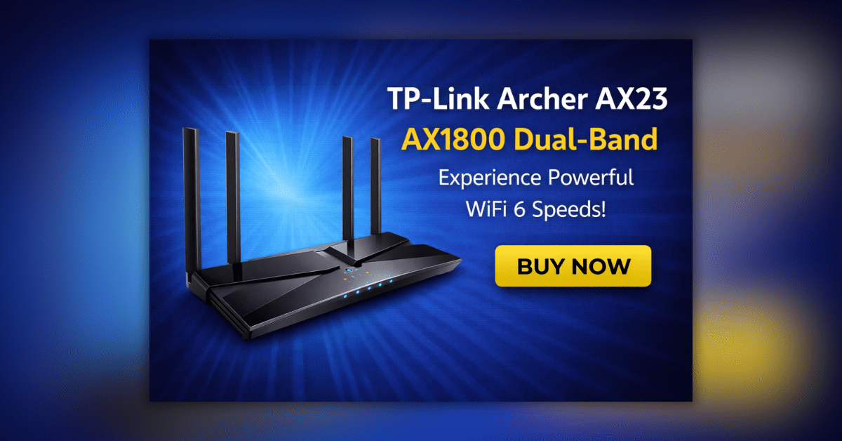 TP-Link Archer AX23 AX1800 Dual-Band WiFi 6 राउटर चार एंटेना और ब्लैक डिजाइन के साथ
