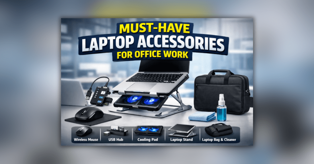 ऑफिस काम के लिए जरूरी लैपटॉप एक्सेसरीज़ जैसे वायरलेस माउस, USB हब और कूलिंग पैड