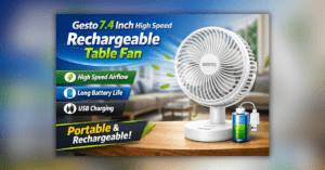 Gesto Rechargeable Table Fan रिचार्जेबल टेबल फैन USB चार्जिंग और हाई स्पीड एयरफ्लो के साथ