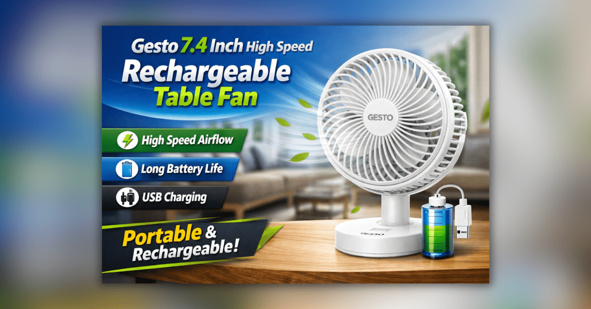 Gesto Rechargeable Table Fan रिचार्जेबल टेबल फैन USB चार्जिंग और हाई स्पीड एयरफ्लो के साथ
