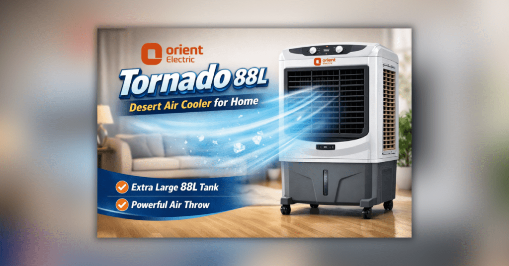 Orient Electric Tornado 88L desert air cooler with powerful air throw