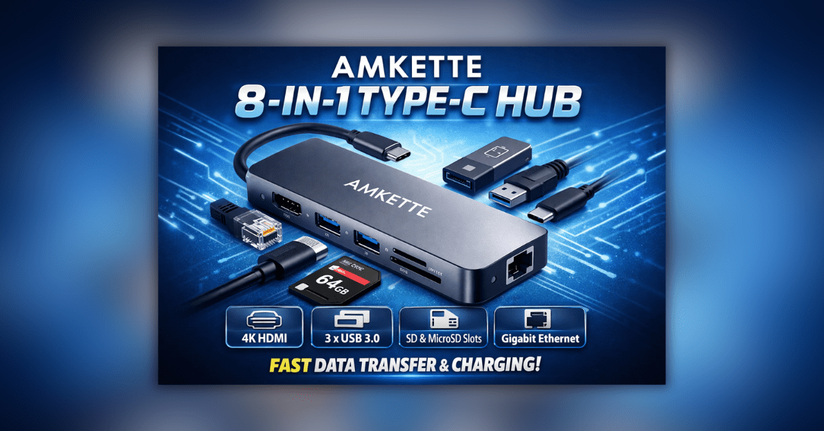 Amkette 8-in-1 Type C Hub multiport adapter with HDMI USB ports