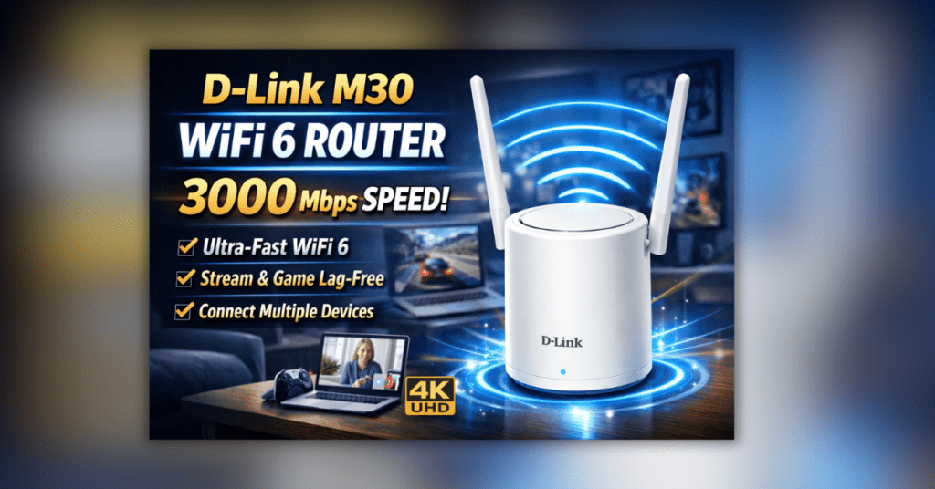 D-Link M30 WiFi 6  यह इमेज एक प्रीमियम और उपयोगी प्रोडक्ट को दिखाती है जो रोज़मर्रा के उपयोग के लिए डिज़ाइन किया गया है
