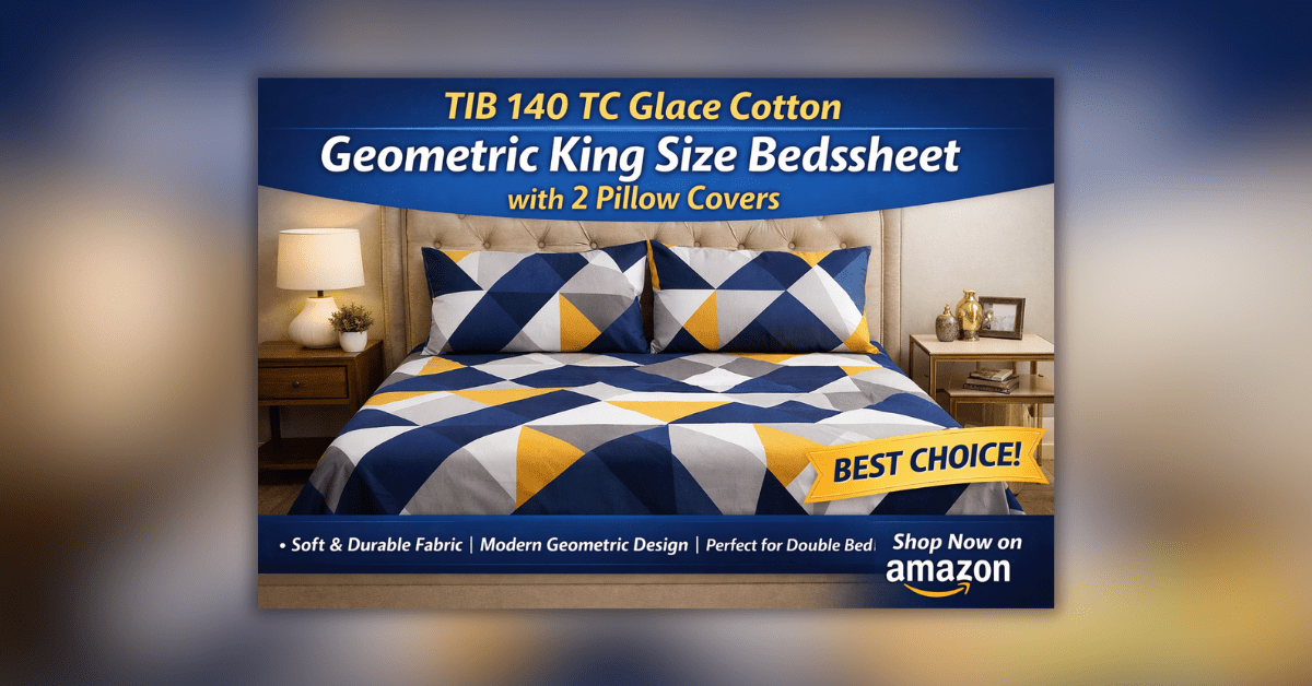 Glace cotton king size bedsheet with geometric design and pillow covers for double bed