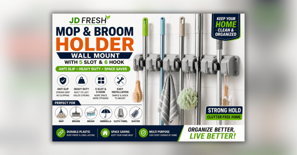 Mop and Broom Holder Wall Mount organizing cleaning tools like mop broom and brushes on wall