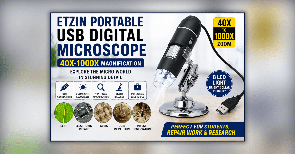 USB Digital Microscope with LED light showing magnified view for study and electronics repair