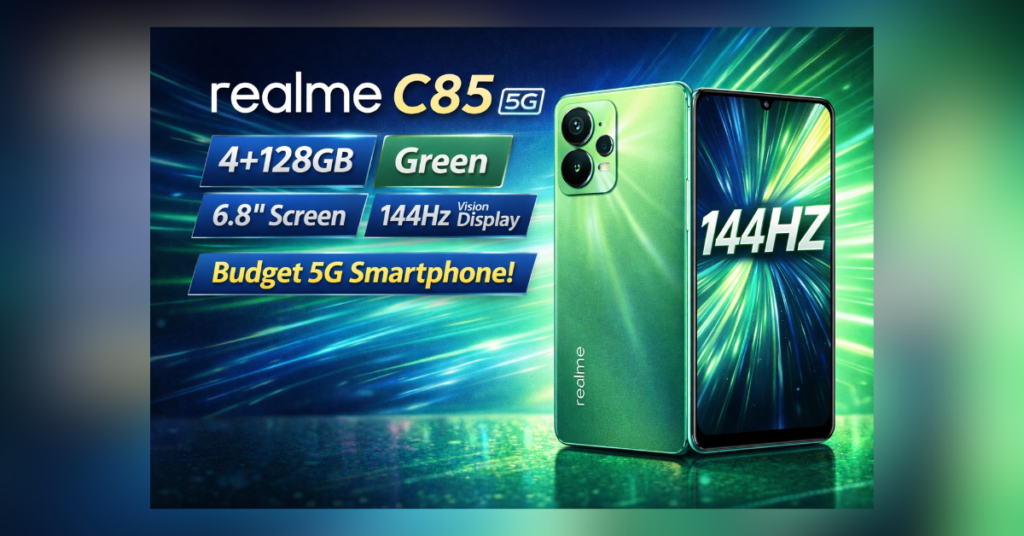 Realme C85 5G स्मार्टफोन 6.8 इंच बड़ी स्क्रीन और 144Hz रिफ्रेश रेट के साथ ग्रीन कलर में