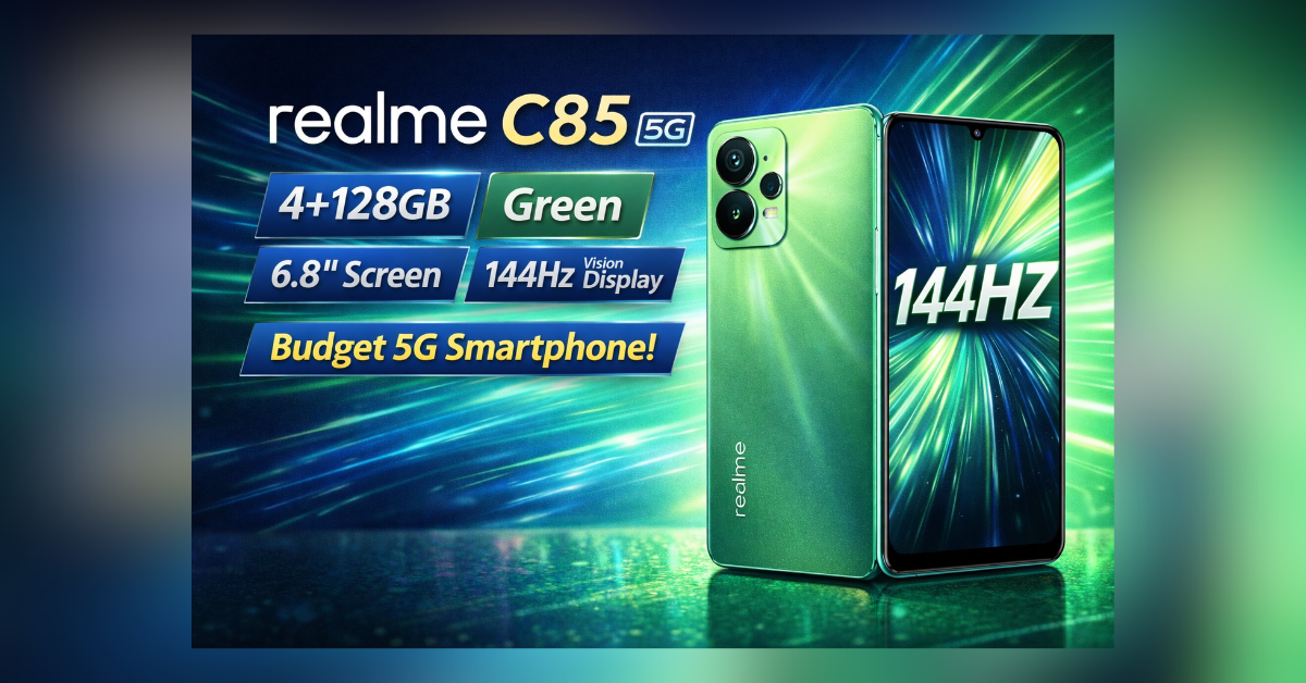 Realme C85 5G स्मार्टफोन 6.8 इंच बड़ी स्क्रीन और 144Hz रिफ्रेश रेट के साथ ग्रीन कलर में