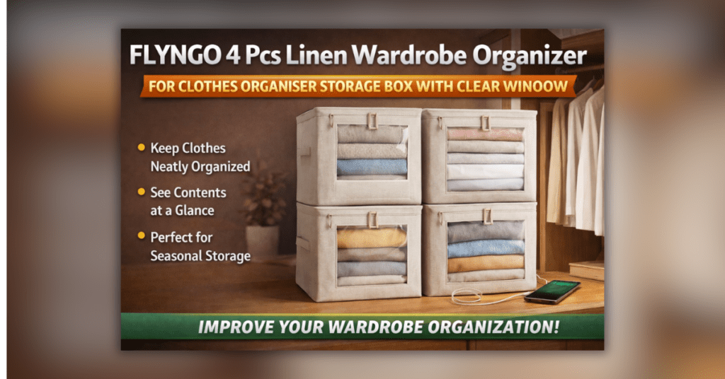 FLYNGO 4 pcs linen wardrobe organizer storage box with clear window for clothes