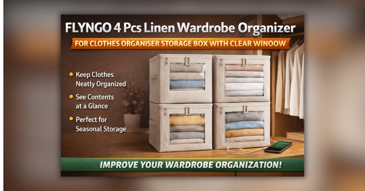 FLYNGO 4 pcs linen wardrobe organizer storage box with clear window for clothes