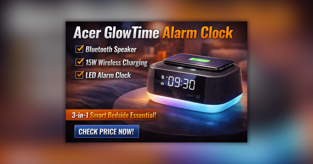 Acer GlowTime Alarm Clock Bluetooth Speaker with wireless charging on bedside table