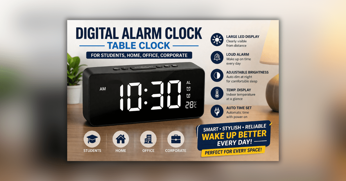 Digital Alarm Clock with Large LED Display on table for home and office use