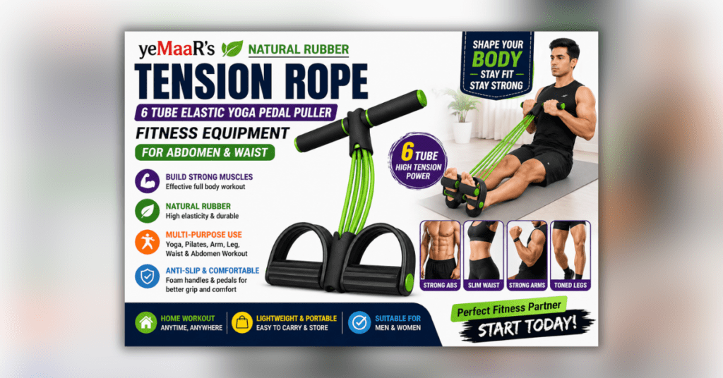 Tension Rope Fitness Equipment for home workout showing elastic pedal puller for full body exercise