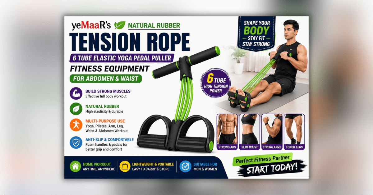 Tension Rope Fitness Equipment for home workout showing elastic pedal puller for full body exercise