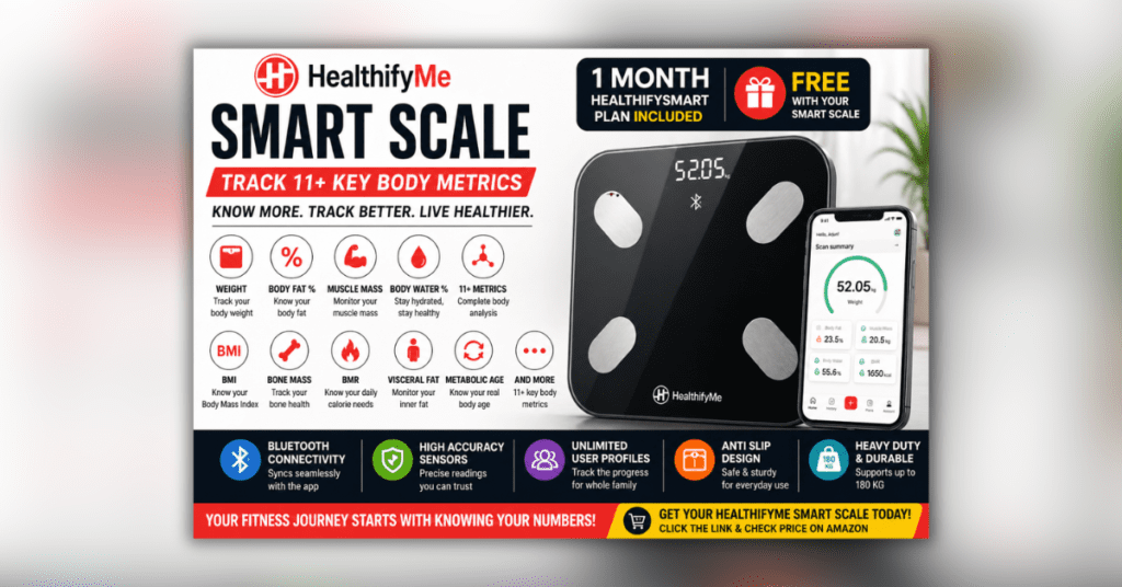 Smart Body Composition Scale showing weight and body metrics on digital display with mobile app connectivity