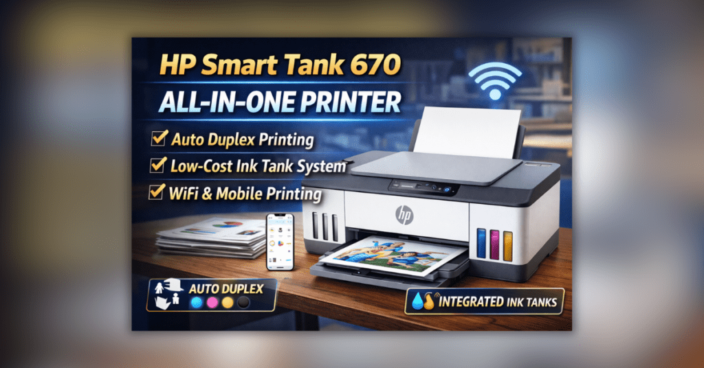 HP Smart Tank 670 यह इमेज एक प्रीमियम क्वालिटी इलेक्ट्रॉनिक प्रोडक्ट को दिखाती है जिसका डिज़ाइन मॉडर्न और आकर्षक है