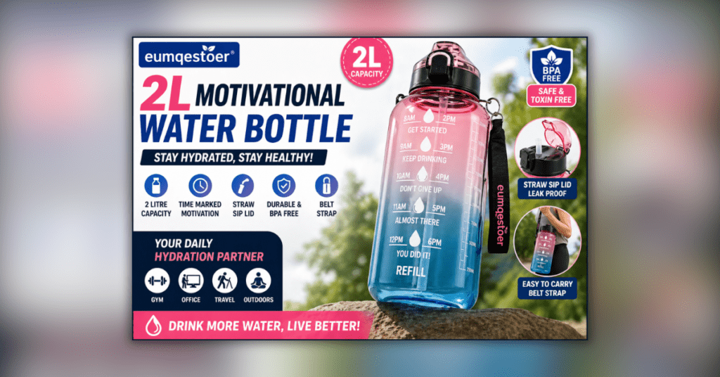 Motivational Water Bottle 2L with time marker and straw