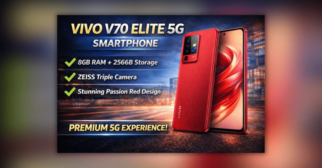 vivo V70 Elite 5G स्मार्टफोन का प्रीमियम रेड डिजाइन और कैमरा सेटअप