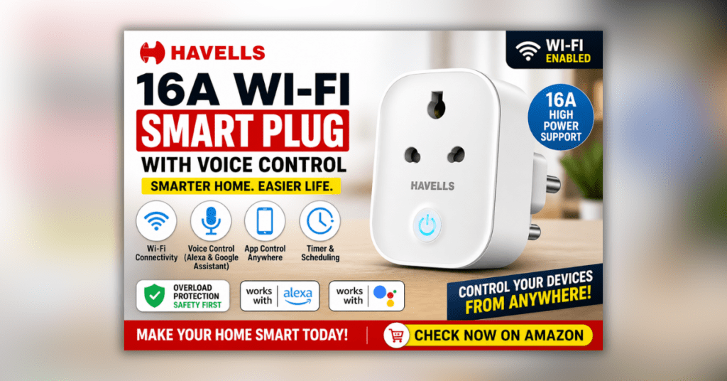 Havells 16A WiFi Smart Plug with voice control and mobile app connectivity