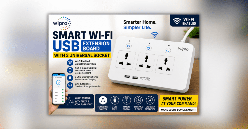 Wipro Smart WiFi USB Extension Board with 3 universal sockets and smart control features