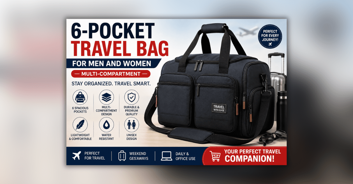 6-Pocket Travel Bag स्टाइलिश 6-पॉकेट ट्रैवल बैग पुरुषों और महिलाओं के लिए, यात्रा और दैनिक उपयोग हेतु उपयुक्त