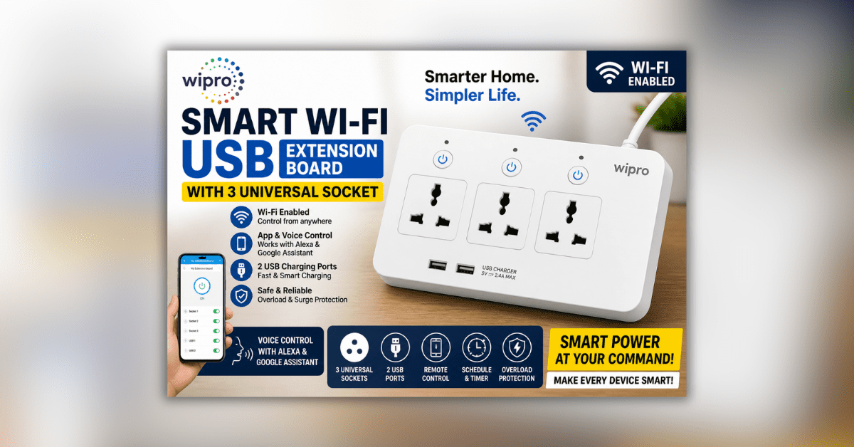 Wipro Smart WiFi USB Extension Board with 3 universal sockets and smart control features