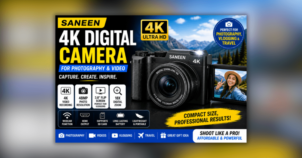 Saneen 4K Digital Camera for photography and video with flip screen and high resolution