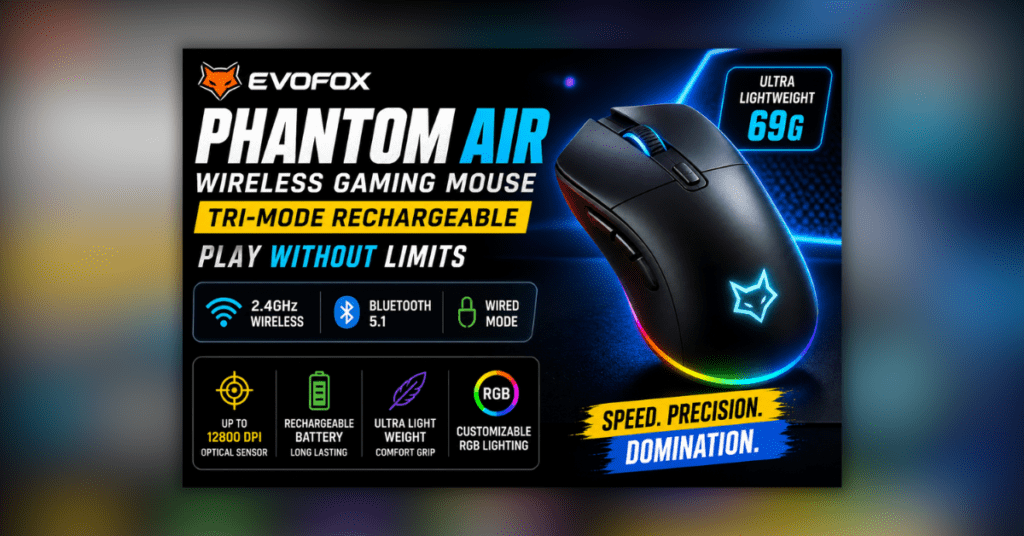 EvoFox Phantom Air wireless gaming mouse tri mode with high DPI and RGB lighting
