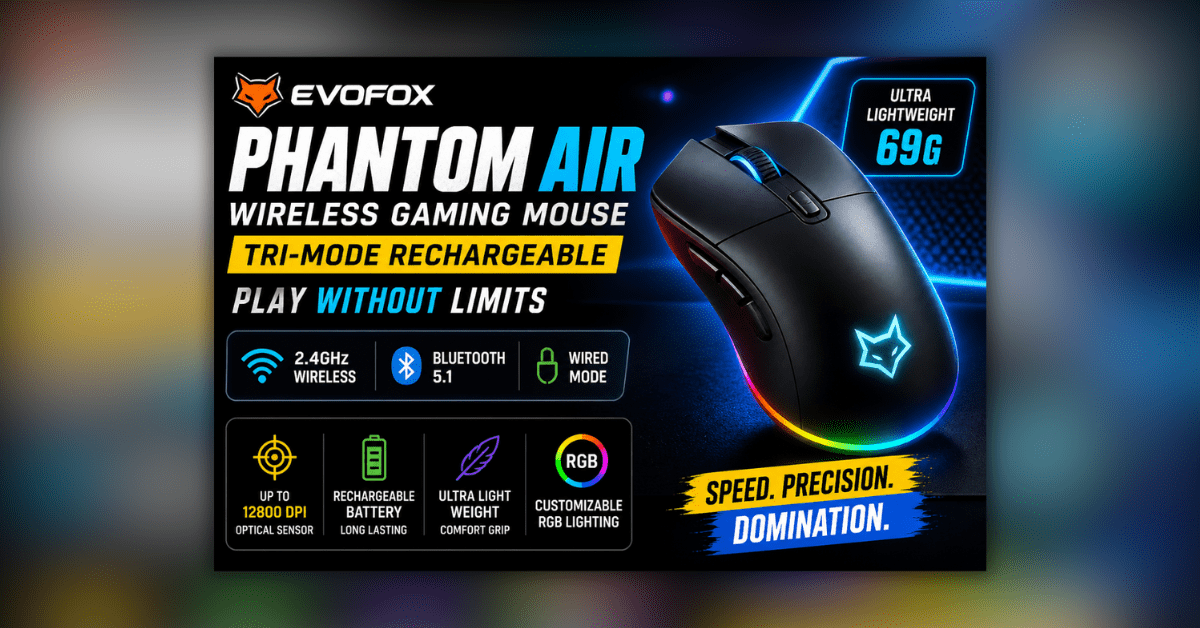 EvoFox Phantom Air wireless gaming mouse tri mode with high DPI and RGB lighting