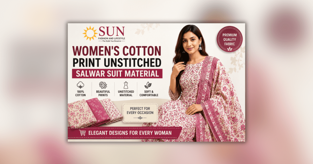 Sun Fashion And Lifestyle महिलाओं के लिए कॉटन प्रिंटेड अनस्टिच्ड सलवार सूट मटेरियल, आकर्षक डिज़ाइन और आरामदायक फैब्रिक के साथ।