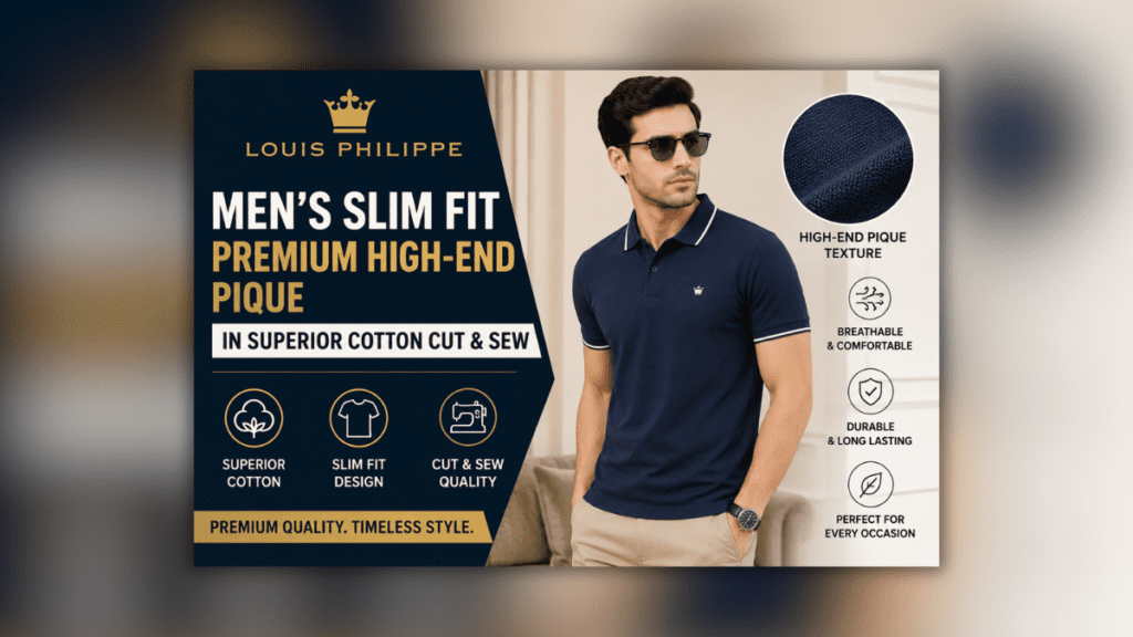 Premium Slim Fit Cotton प्रीमियम स्लिम फिट कॉटन टी-शर्ट पहने हुए मॉडल का प्रचारात्मक बैनर, जो स्टाइल, आराम और 100% कॉटन फैब्रिक को दर्शाता है।