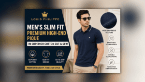Premium Slim Fit Cotton प्रीमियम स्लिम फिट कॉटन टी-शर्ट पहने हुए मॉडल का प्रचारात्मक बैनर, जो स्टाइल, आराम और 100% कॉटन फैब्रिक को दर्शाता है।