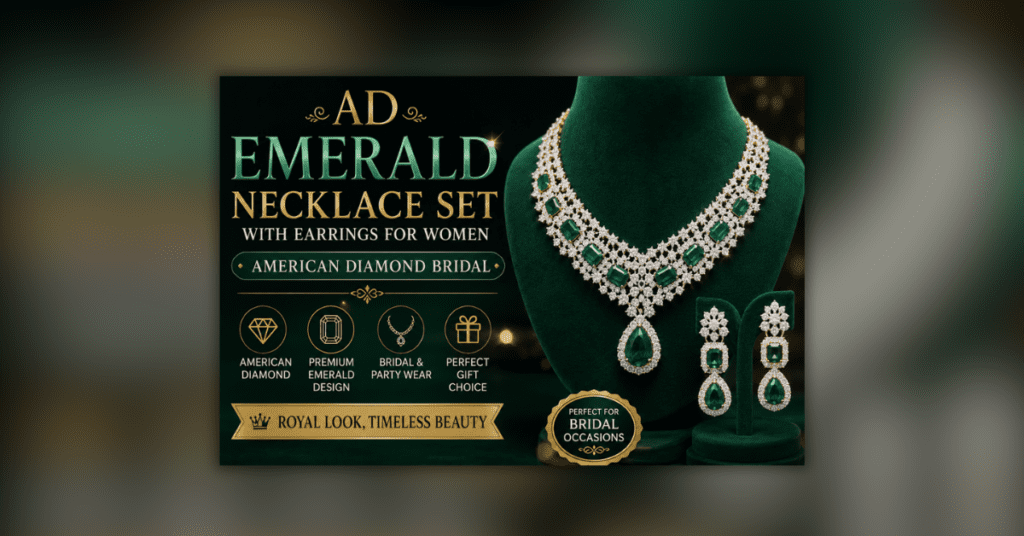 AD Emerald Necklace Set with matching earrings featuring American Diamond stones and elegant emerald design for bridal wear.
