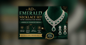AD Emerald Necklace Set with matching earrings featuring American Diamond stones and elegant emerald design for bridal wear.