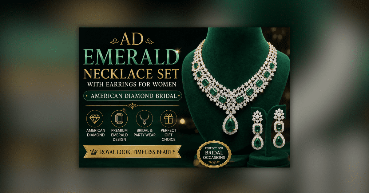 AD Emerald Necklace Set with matching earrings featuring American Diamond stones and elegant emerald design for bridal wear.