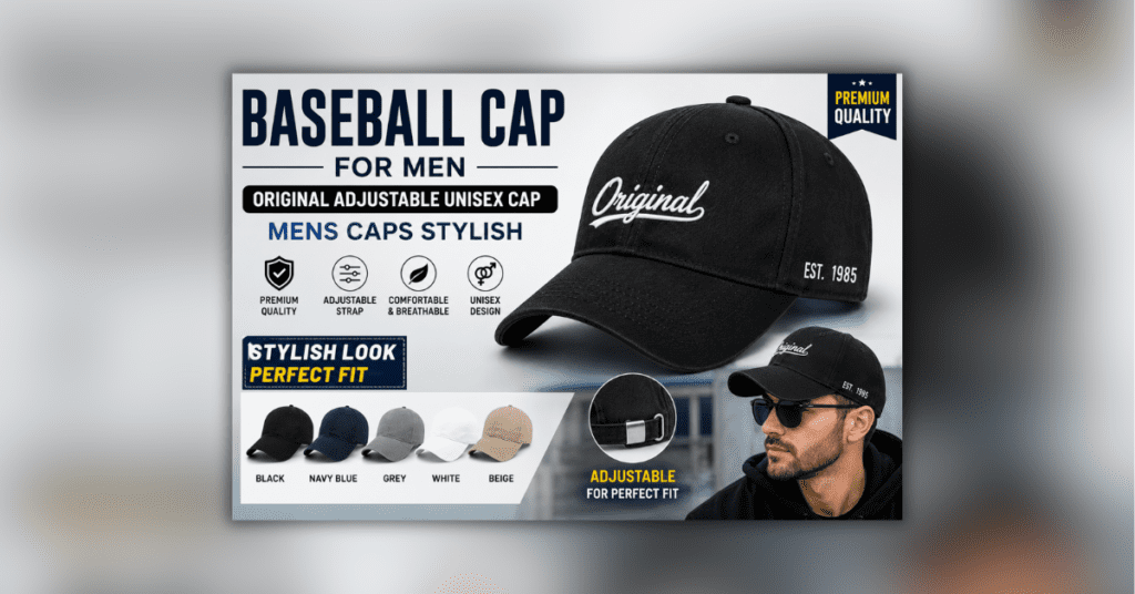Baseball Cap for Men  पुरुषों के लिए स्टाइलिश बेसबॉल कैप, एडजस्टेबल यूनिसेक्स डिजाइन और आरामदायक फिट के साथ।
