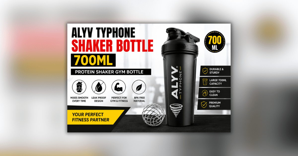 ALYV Typhone Shaker Bottle 700ml प्रोटीन शेकर जिम बोतल, लीक-प्रूफ डिज़ाइन, BPA-फ्री मटेरियल और प्रीमियम फिटनेस फीचर्स के साथ।