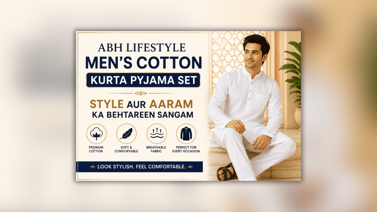 ABH Lifestyle पुरुषों का कॉटन कुर्ता पायजामा सेट, प्रीमियम कॉटन फैब्रिक से बना स्टाइलिश और आरामदायक एथनिक परिधान, जो त्योहारों, शादियों और विशेष अवसरों के लिए उपयुक्त है।