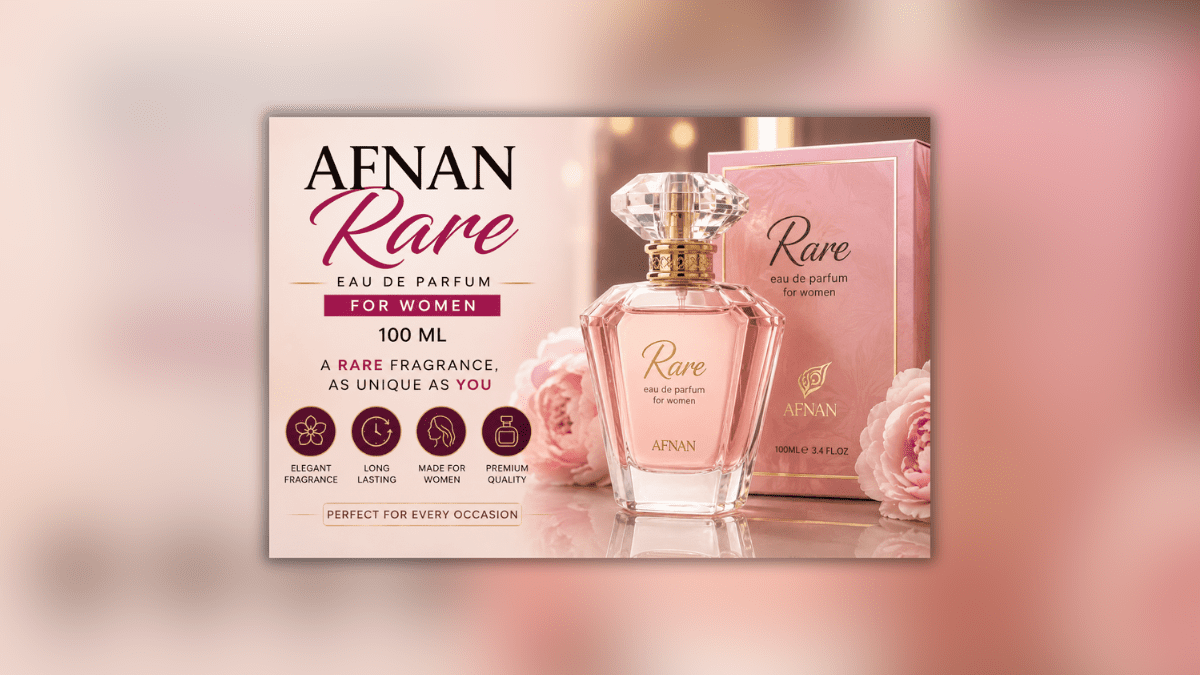 AFNAN Rare Eau de Parfum for Women 100 ML की प्रीमियम परफ्यूम बोतल, लंबे समय तक टिकने वाली आकर्षक खुशबू के साथ।