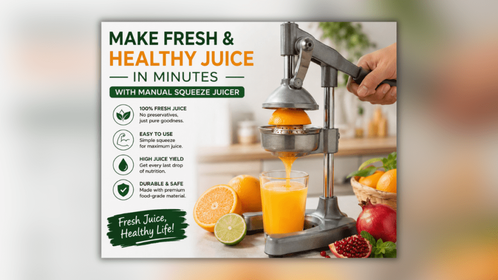 Manual Squeeze Juicer मैनुअल स्क्वीज़ जूसर से मिनटों में ताज़ा और हेल्दी संतरे का जूस बनाते हुए