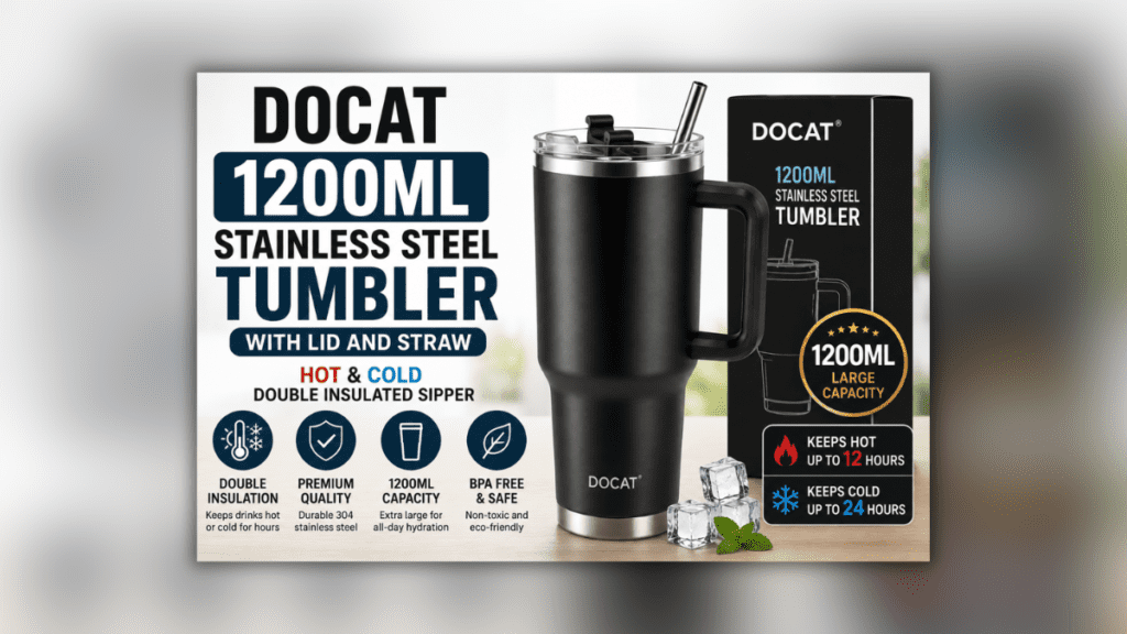 DOCAT 1200ML स्टेनलेस स्टील टंबलर विद लिड और स्ट्रॉ, गर्म और ठंडे पेय के लिए डबल इंसुलेटेड सिपर