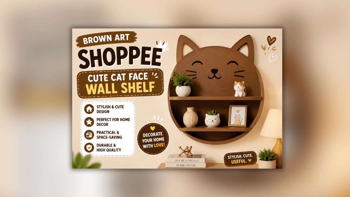 Brown Art SHOPPEE Cute Cat Face Wall Shelf for Stylish Home Decor and Smart Storage